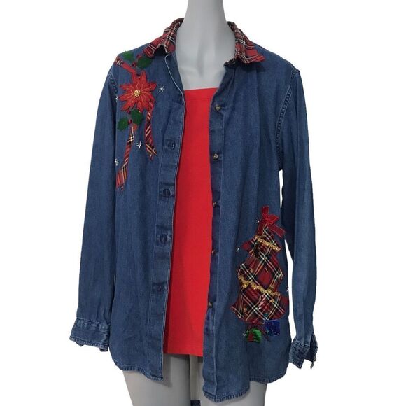 Vintage Christmas Shirt Blouse Denim tacky size small medium - Picture 2 of 14